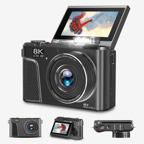 K&L - 8K 88MP - 18X Zoom - 128GB SD - WiFi - 3.0" UHD-display - mic-poort - Fotocamera - Compact Camera - Vlog Camera
