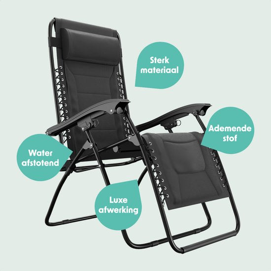 LifeGoods Ligstoel Comfort - Opvouwbaar - 30°-90° Verstelbaar - Beker en Telefoonhouder - Tuinstoel - Zwart