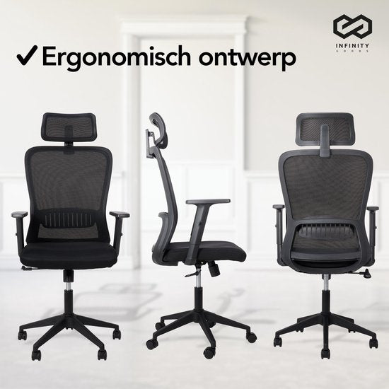 Infinity Goods Ergonomische Bureaustoel - Bureaustoelen Voor Volwassenen - Volledig Verstelbaar - Office Kantoor Chair - Zwart