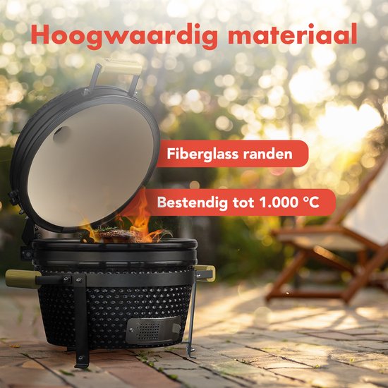 KitchenBrothers Kamado BBQ - 16 Inch Houtskool Barbecue - 34⌀ cm - Deluxe Set - Egg BBQ met Accessoires - Zwart