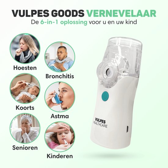 Vulpes Goods® HealthCare Aerosoltoestel – Ultrasone Inhalator – Nebulizer – Oplaadbaar – Incl. 4 Mondstukken