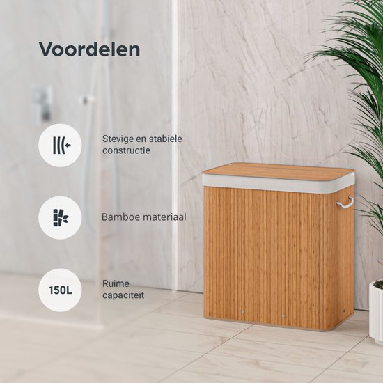 Organess wasmand 3 vakken - Wassorteerder - Wasmand met deksel - Opvouwbaar - 150L - Bamboe