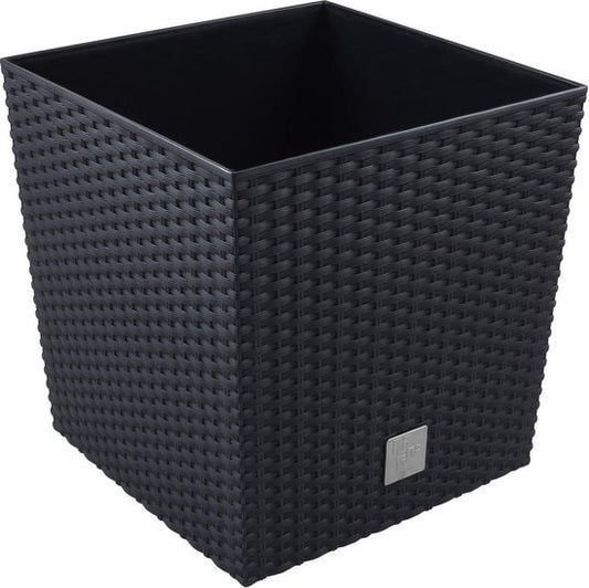 Prosperplast Bloempot/plantenpot Rato - rotan look - met binnenpot - antraciet - 32 x 32 x 33 cm - kunststof