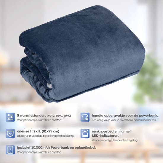 Hoodie Deken – Verwarmd – 3 Standen – Snuggle Hoodie – Verwarmde Hoodie – Snuggle – 10k mAh Accu – One Size – Blauw – Saaf Comfort
