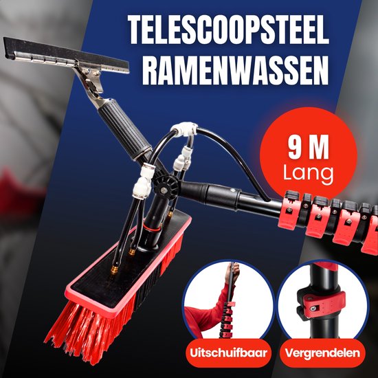 Aqualitá Telescoopsteel Ramenwassen - 9M - Waterdoorvoer - Zeem - Ramenwasser - Zonnepanelen Reiniger