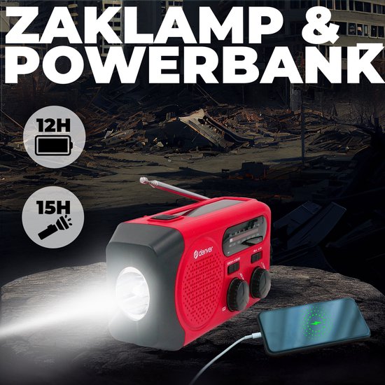 Denver Noodradio - Powerbank Zonneenergie - FM Radio - Noodpakket - Zaklamp - Opwindbaar - SOS Knop - Solar powerbank - SCR2010