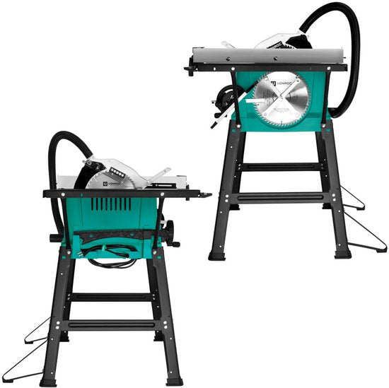 VONROC Zaagtafel 2000W – Ø250mm - Groot werkblad - Zaaghoek instelbaar van 0° tot 45° - Met soft-start technologie - Incl. 60T zaagblad en onderstel