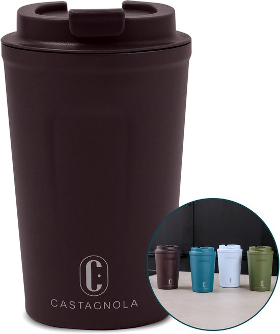 Castagnola Thermosbeker - Koffiebeker To Go - Travel Mug voor Koffie en Thee - Theebeker - 380 ML - RVS - Donkerbruin