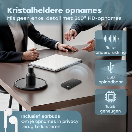 Audyn Voice Recorder - 200 Uur Audio Opname - Afluisterapparatuur op Afstand - Dictafoon - 360° HD Opnames - 16GB - Zwart