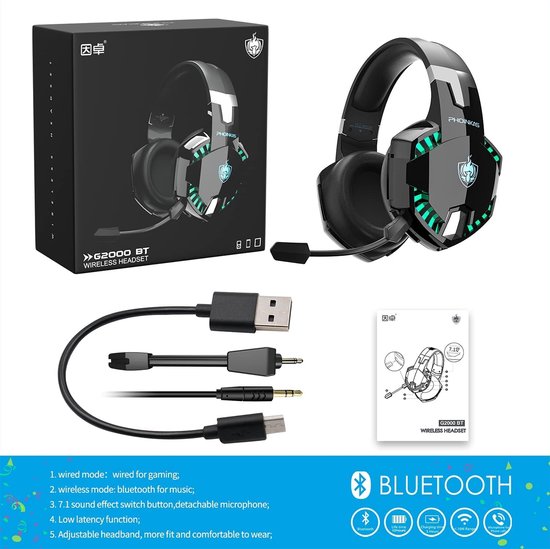 PHOINIKAS G2000 BT Bluetooth Laptop Gaming headset met microfoon Over-ear Koptelefoon -Zwart
