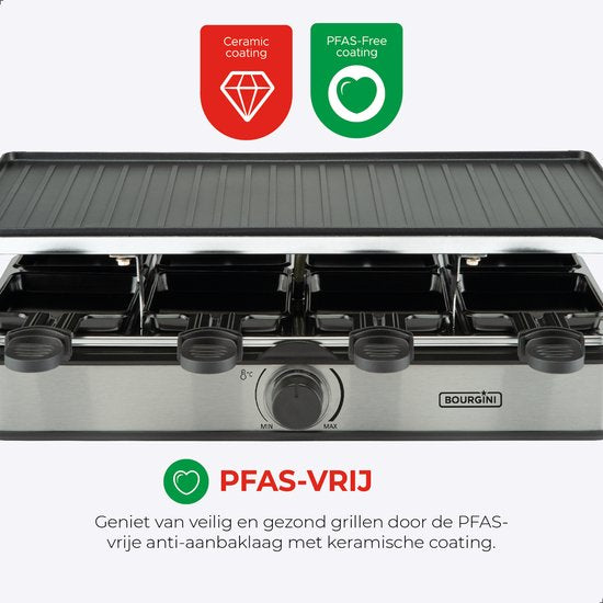 Bourgini Gourmette Raclette Pure - Gourmetstel met omkeerbare Grill & Bakplaat - Raclette 8 personen - 21x42 cm - PFAS-vrije coating - Regelbare thermostaat - incl. 8 spatels en pannetjes