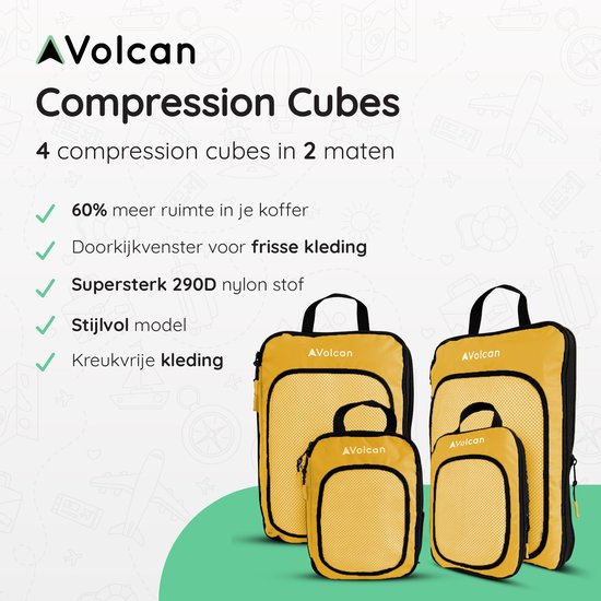 Volcan Compression Packing Cubes - Koffer Organizer Set - Met Compressierits - Backpack & Koffer - Set van 4 - Oker
