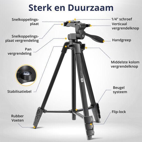 Studio ME Telefoon Statief - 136 cm - Tripod Smartphone - Zwart - Camera Statief - Telefoonhouder - Incl. Bluetooth Afstandsbediening - Statief Telefoon