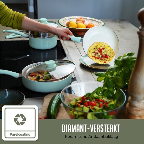 COOCK 19-Delige Pannenset Inductie - Speciale Anti-Aanbak Coating - Ergonomische Koudgrepen - Gerecycled Aluminium - koekenpannenset - kookpottenset - Turqoise (Groen) - Inclusief Onderzetters en E-book