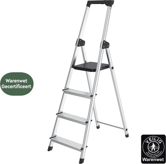 BRASQ Huishoudtrap 4 -treden Zilver - keukentrap inklapbaar aluminium voor Particulier en professioneel gebruik - Trap Ladder - Anti slip