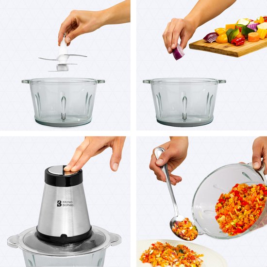 KitchenBrothers Hakmolen - Food Chopper - Elektrisch - 2 Snelheden - 300W - 1,8L - Glazen Kom
