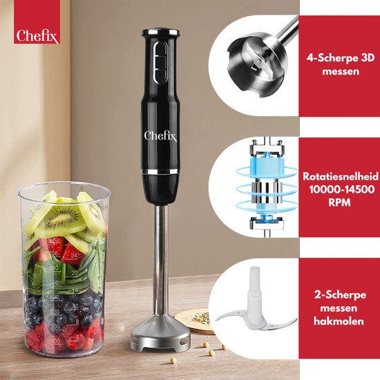 Chefix Staafmixer Set 4-in-1 – Staafmixers – Hakmolen Garde Klopper Maatbeker – 750 W – Zwart