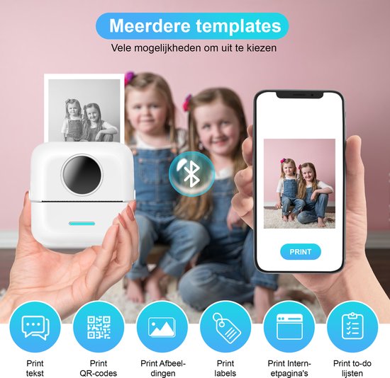 Ilona Mini printer voor mobiel - Pocket printer - Premium Mini Fotoprinter - Draagbare Smartphone Printer - Mobiele fotoprinter - Sticker printer - Incl. 5 Rollen Zelfklevend Papier + 5 Rol Wit Papier + 3 Rollen Gekleurd Papier + 5 Pennen