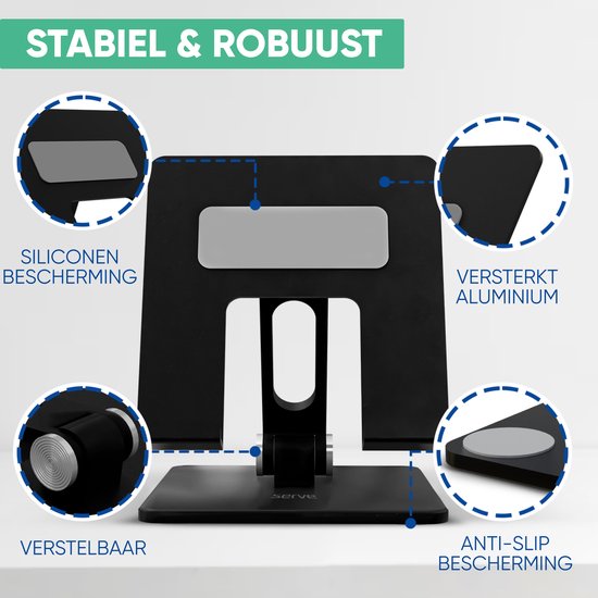 Serve Tablet Houder XL Opvouwbaar - Extra Stevig & Stabiel - Zwarte Inklapbare Standaard voor Tafel of Bureau - Zwart