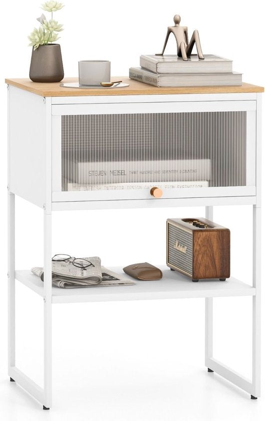 Coast Nachtkastje - met Open Plank en Transparant Klapdeurtje - 40 x 32 x 56 cm - Wit