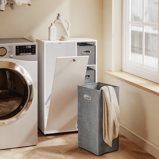 SoBuy Badkamermeubel met wasmand, Opbergkast met 2 stoffen manden, ruimtebesparend, vuile was, Wit, voor wasruimte BZR218-W