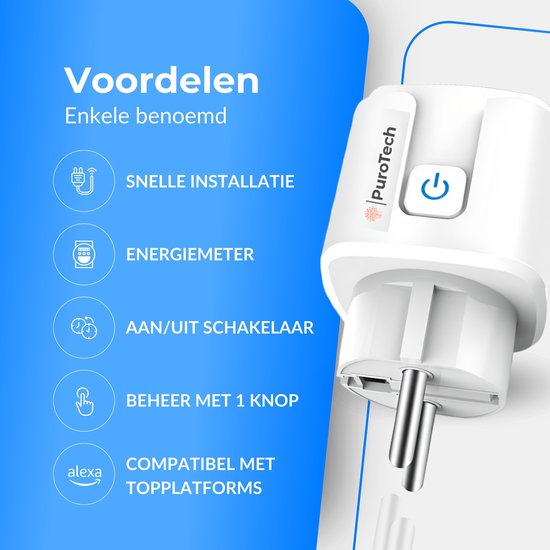 PuroTech Slimme Stekker - Tijdschakelaar & Energiemeter - Smart Plug - Geschikt Voor Alexa / Google Home - Verbruiksmeter - Energiekosten