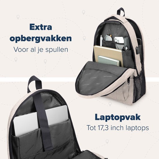 TRVLMORE Rugtas - 36L - 17,3 Inch - Laptop Rugzak met USB - Schooltas - Heren en Dames - Tas Champagne