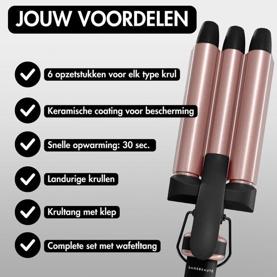 Sansbeauté® 7 in 1 Krultang met Klem en Wafeltang - Keramische Haarkruller - 13mm tot 38mm - Föhnborstel Kort Haar - Warmteborstel - Krultangen - Thermal Brush - Haarstyler - Krulborstel 5 in 1