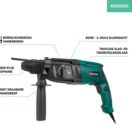 VONROC Boorhamer 800W – 3 Joule – SDS plus – 4 functies – Incl. tandkransboorkop en accessoires