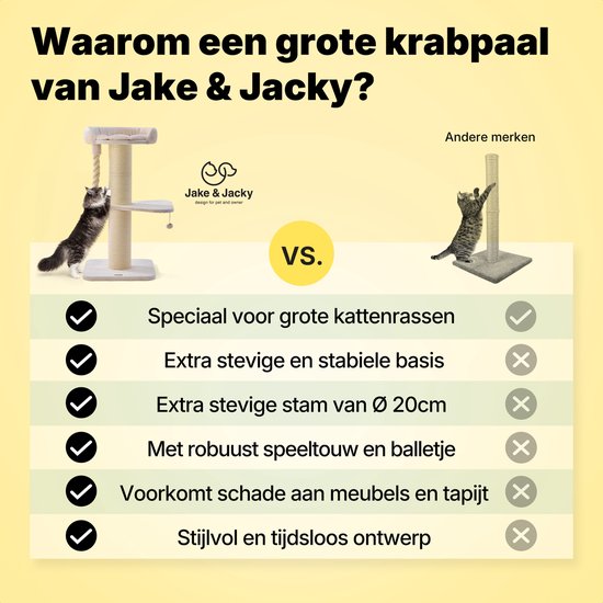 Jake en Jacky Krabpaal voor Grote Katten met Mand - Met Speeltouw - Met Opstap - Naturel/Crème - 57x57x121 cm - Ø Krabpaal 20 cm