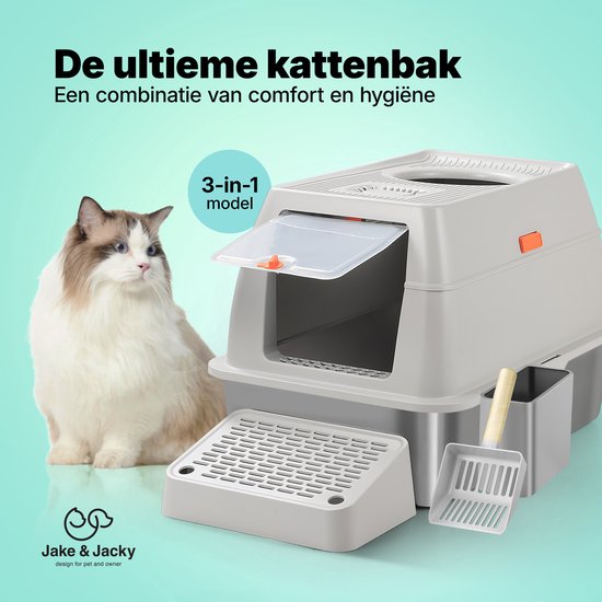 Jake and Jacky RVS Kattenbak Hop In - Kattentoilet Roestvrijstaal - Incl. Kattenbakschep met Houder en Gritopvang Opstapje - Top Entry - 3 in 1 Open Kattenbak met Afneembare Deksel - 60x40x38cm