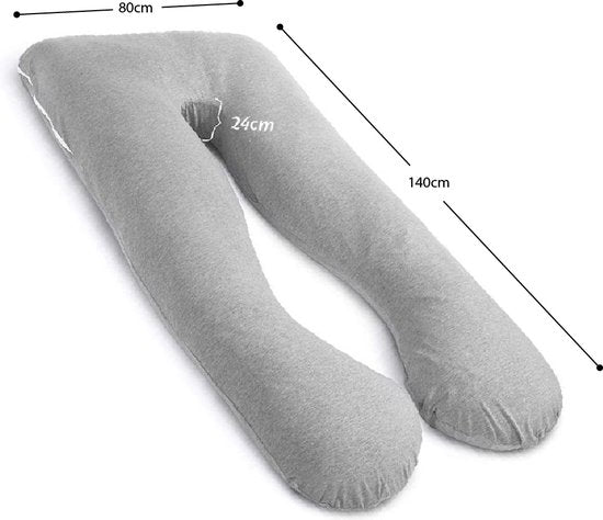 EL-Life Zwangerschapskussen XXL U-Vorm - Zijslaapkussen - Lichaamskussen - Voedingskussen - Body Pillow - 140x80cm - Afneembare Jersey Katoenen Hoes, Lichtgrijs