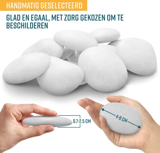 NAPI Happy Stones Stenen - 12 Witte Keien - Inclusief Cursus: Stenen Schilderen - Gladde Egale Keien - Pakket - Beach Pebbles - 4 tot 8cm - Wit