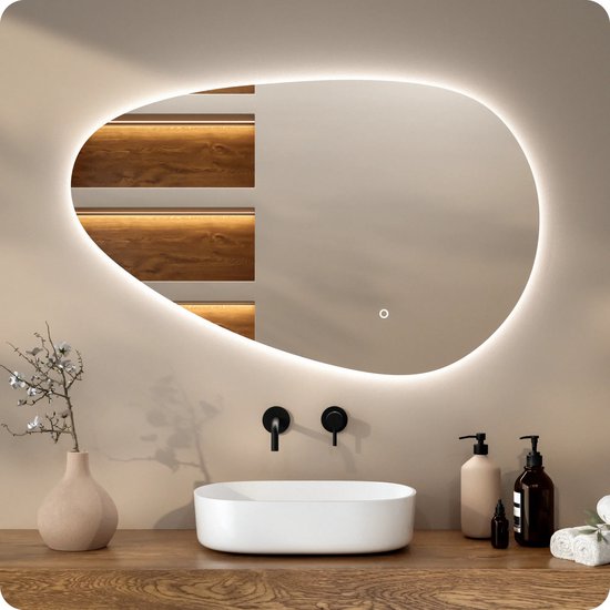 Mirlux Badkamerspiegel met LED Verlichting & Verwarming – Wandspiegel Asymmetrisch – Anti Condens Douchespiegel - 100x62.5CM