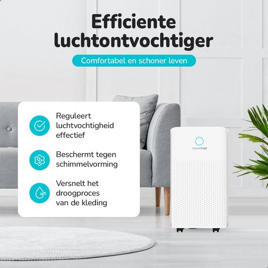 Bloomfold Luchtontvochtiger - 12L per Dag - Incl. Was-droog Functie - Geschikt voor Woonkamer, Slaapkamer, Kelder & Badkamer - Dehumidifier - Wit