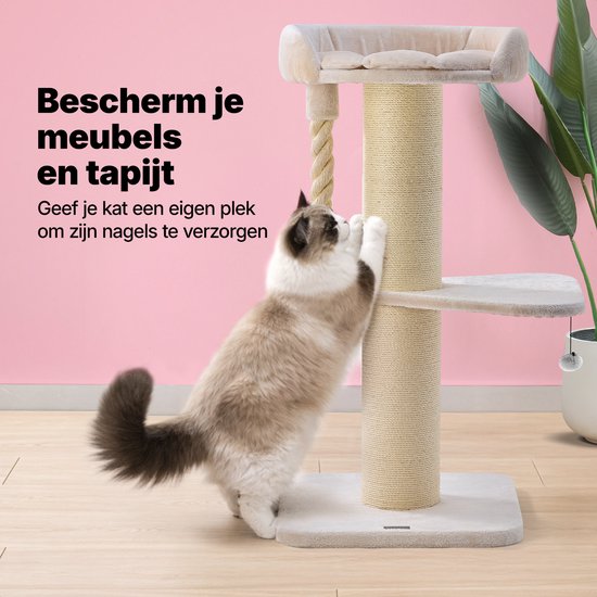 Jake en Jacky Krabpaal voor Grote Katten met Mand - Met Speeltouw - Met Opstap - Naturel/Crème - 57x57x121 cm - Ø Krabpaal 20 cm