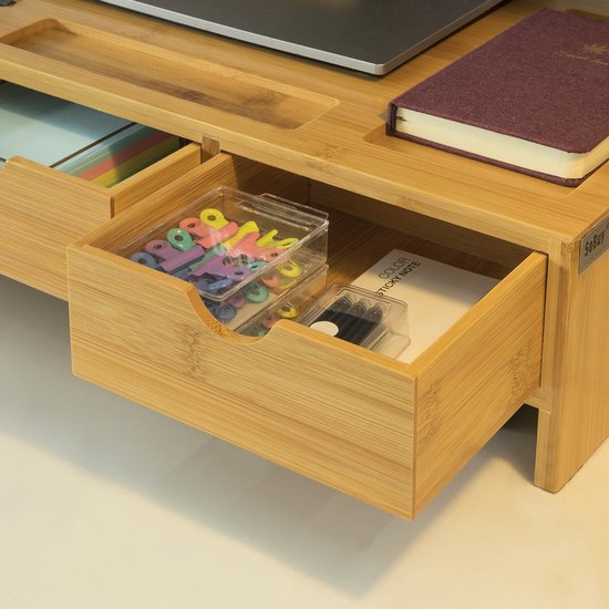 SoBuy BBF03-N Monitorstandaard Bureau-organizer met 3 Laden - Bamboe - 51x12x25cm