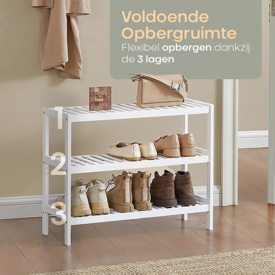 O'DADDY® Schoenenrek - Schoenenbank - Halbank - Schoenenkast - Schoenen Opbergsysteem - Schoenen kast - 3 Laags - Voor 12 Paar - Multifunctioneel Rek - Bamboe - Wit - 70 x 28 x 45 cm