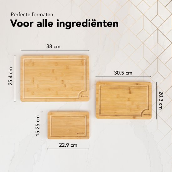 Rochester Snijplanken Hout – Borrelplank – PFAS-Vrije Snijplankenset 3-Delig – Serveerplank Organisch Bamboe – Tapasplank Luxe Design – Hygiënisch en Duurzaam