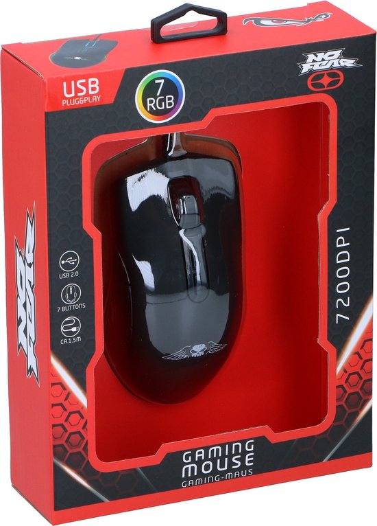 No Fear Gaming Muis - 7200dpi - RGB Muis met LED-Verlichting - 1.5M Kabel - USB 2.0 Aansluiting - Zwart