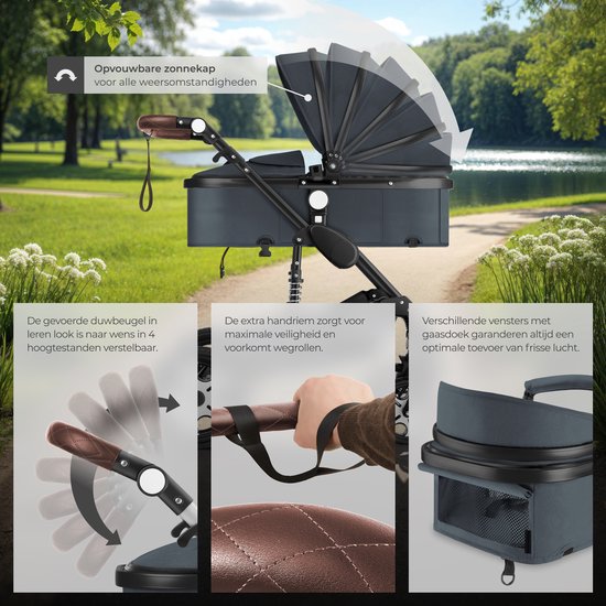 tectake® - Multifunctionele Kinderwagen Mats - 2-in-1 Babywagen inclusief voetenzak, regenhoes, flessenhouder en opbergmand - Wandelwagen met 15kg draagkracht - Opvouwbaar met 5-puntsgordel - Antraciet