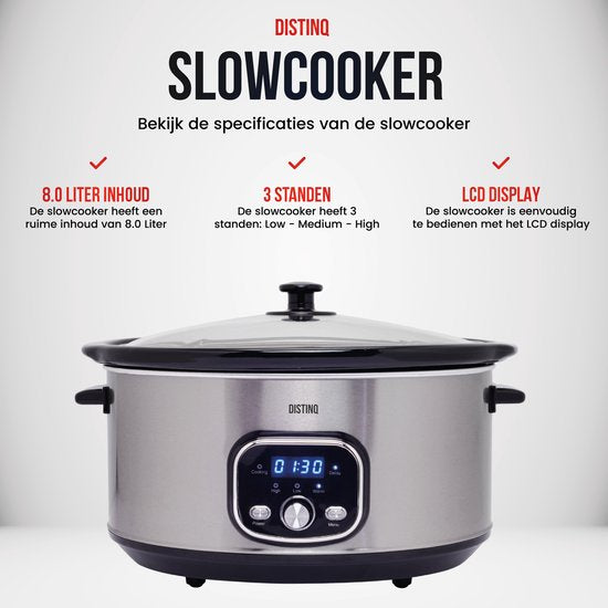 DistinQ Slowcooker - 8 Liter - 320 Watt - Warmhoudfunctie - Keramische Binnenpan - Zilver