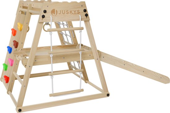 Juskys – Indoor Klimrek Voor Kinderen – 102 x 98 x 100 cm & Met Glijbaan En Klimwand – Voorzien Van Turnringen En Touwladder – Inklapbaar En Vrijstaand – Naturel En Bont Hout