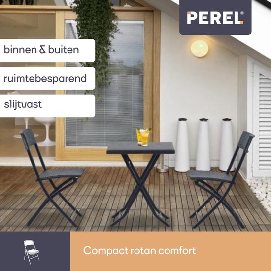 Perel Klapstoel, inklapbaar, binnen-en buitengebruik, weerbestendig, rotanlook, maximaal 300 kg, zwart, robuust, buitenstoel, terrasstoel, tuinmeubel, opvouwbaar en modern, 44.5 x 50 x 81 cm