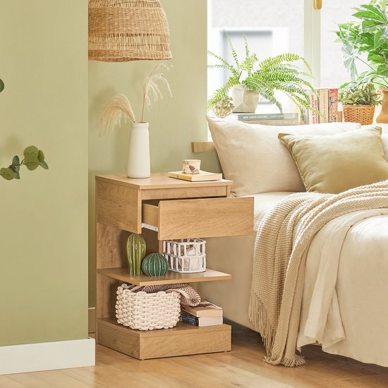 SoBuy Set van 2 Bijzettafel, Nachtkastje met 1 Lade en 3 Planken, Multifunctionele Salontafel voor Slaapkamer of Woonkamer, Scandinavisch Design, Natuur Houtbruin, 39x65x39cm, FBT49-Nx2