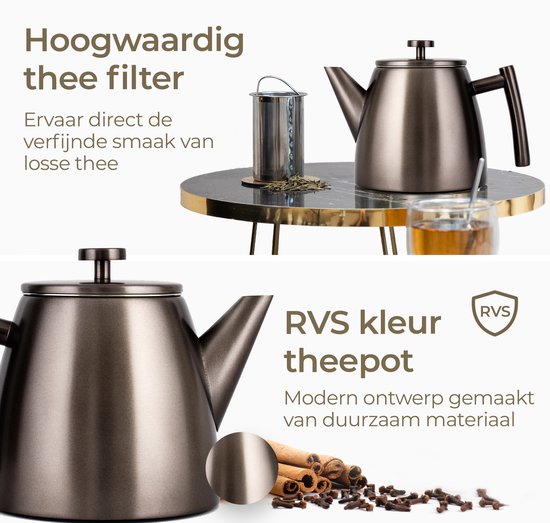 Vaja® Theepot Juliette Gun Metal - Dubbelwandig - 1 Liter - RVS Theekan met Filter