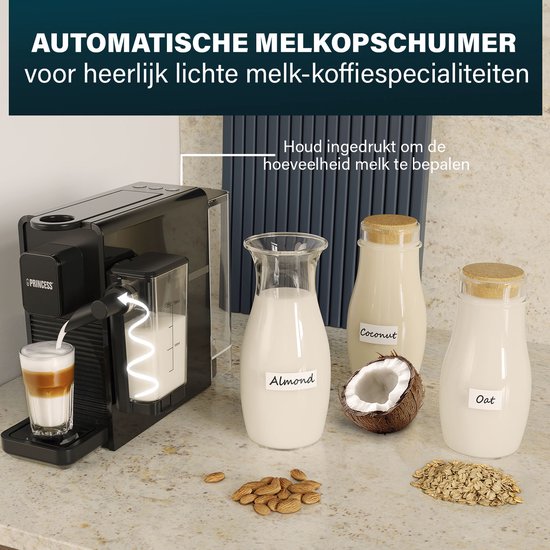 Princess Capsule Koffiemachine met Melkopschuimer - 249455 – Geschikt voor Nespresso – 20 Bar – Espresso, Cappuccino & Latte – Compact – Automatisch Melksysteem - 1400 W