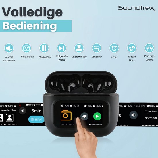 Soundtrex Display Draadloze Oordopjes - Bluetooth Oordopjes – Oortjes draadloos - Active Noise Cancelling - LED Display - Bluetooth 5.3 – Zwart