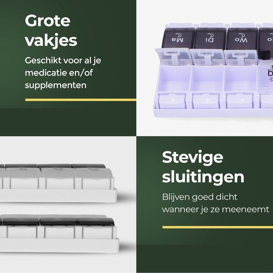 Gandria Pillendoos 7 Dagen - Pillendoosje - Pillesdoosjes met 14 Compartimenten - Medicijndoos met Stevige Sluiting - Grote vakken - Zwart/Wit