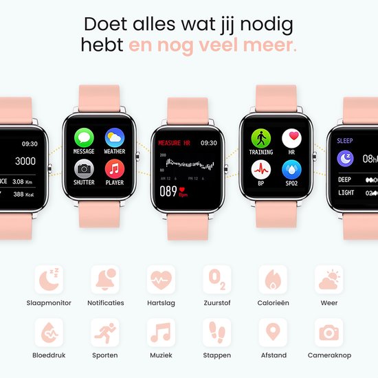 MAOO Amplify Smartwatch – Incl. Screenprotector – Hartslag, Bloeddruk & Bloedsaturatie – Slaapmonitor – Stappenteller – Afstandsmeting – Waterproof – Smartwatch Dames – iOS & Android – Roze